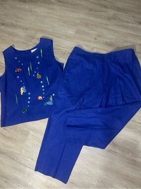 Vintage Ultra Dress New York Blue Under the Sea Linen Blend 2 Piece Set Size 16